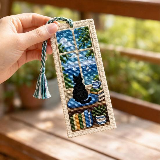 Seasonal Cat Cross-Stitch Bookmark, Four Seasons Black Cat Bookmark with Braided Rope, Handcrafted Book Page Marker for Book Lovers