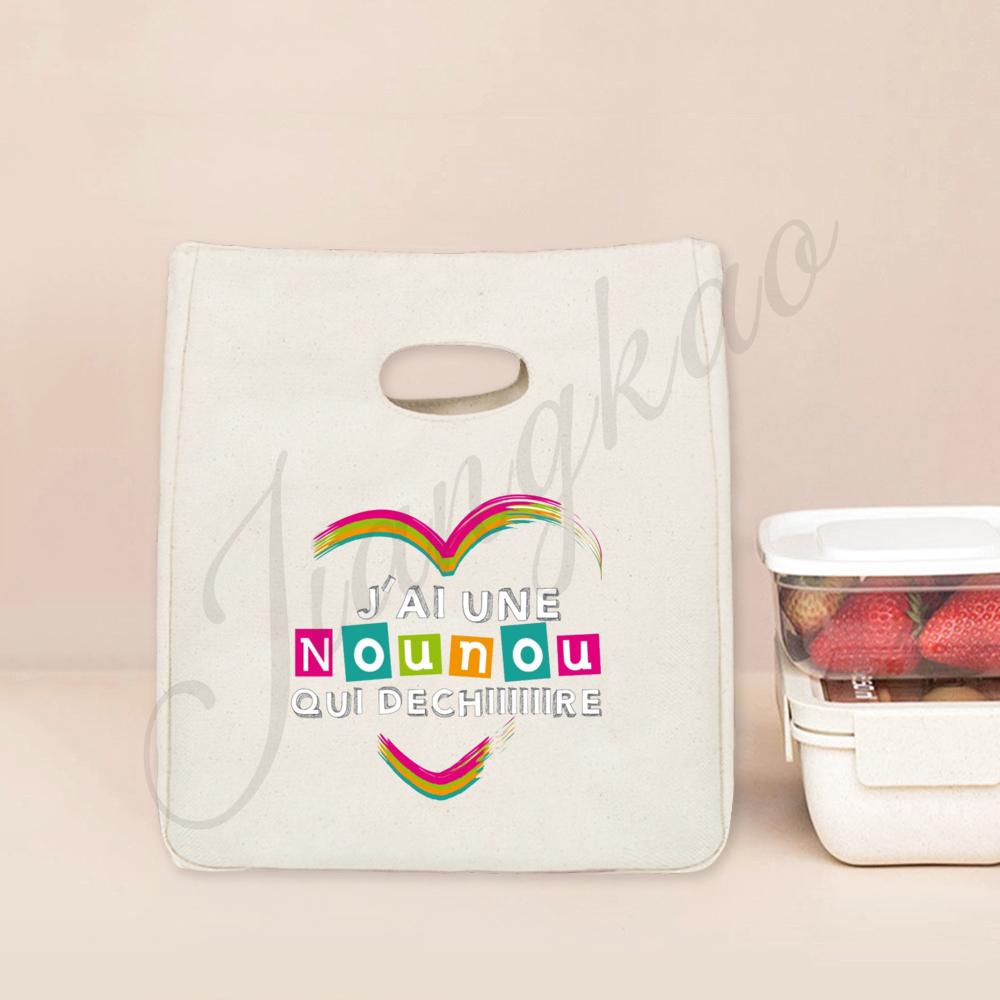 Beste Nanny der Welt Aufdruck Lunchtasche Tragbar Isoliert Canvas Kühltasche Bento Tasche Thermisch Lebensmittelaufbewahrungstaschen Geschenk für Nounou