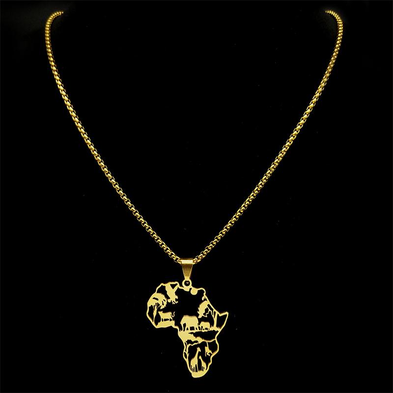 Africa Map Pendant Necklace For Women Men Stainless Steel Gold Silver Color Hollow Animal Nature Life Chain Jewelry Collar Gift
