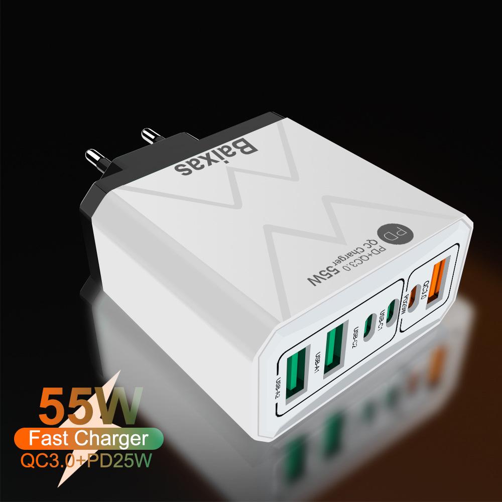 PD 25W 6-Port Fast Charger: 3 USB, 3 PD, 55W QC3.0 EU Standard for Mobile Phones