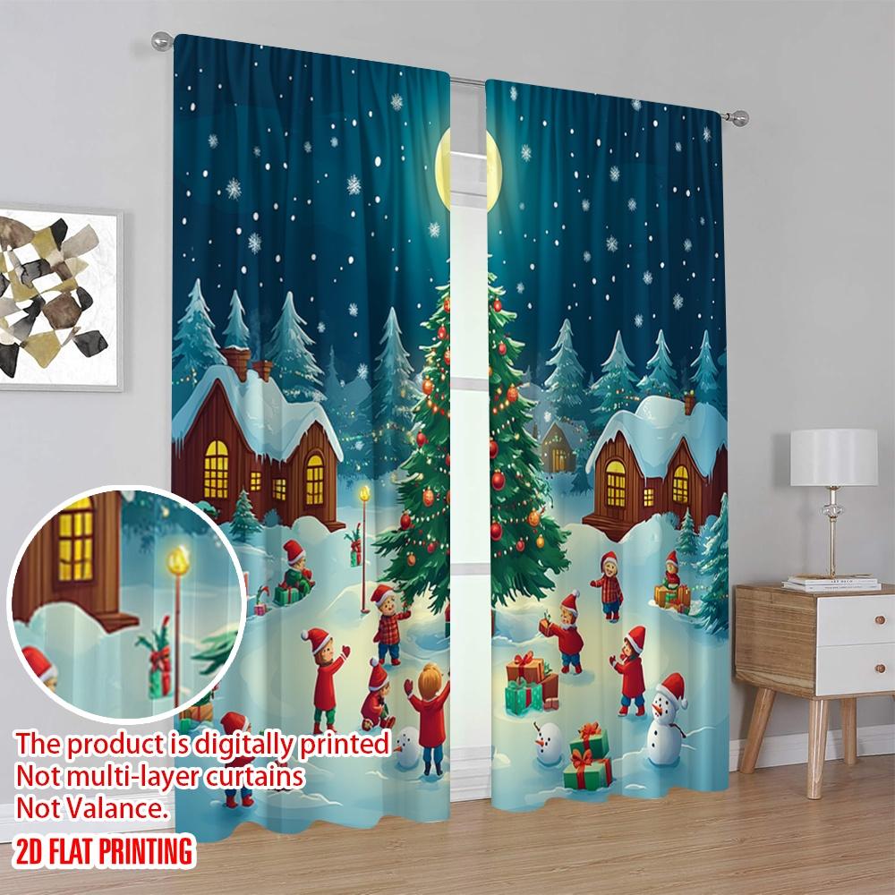 2pcs,2D plane printing Minimalist Curtains Christmas Tree Snow Night (3) Versatile Fabric (without rod) Gifts for Bedroom &
