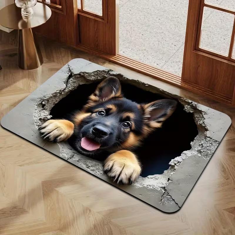 3D Illusion Hole German Shepherd Doormat Cute Puppy Pattern Soft Non-Slip Floor Rug Indoor Outdoor Decor Entrance Carpet