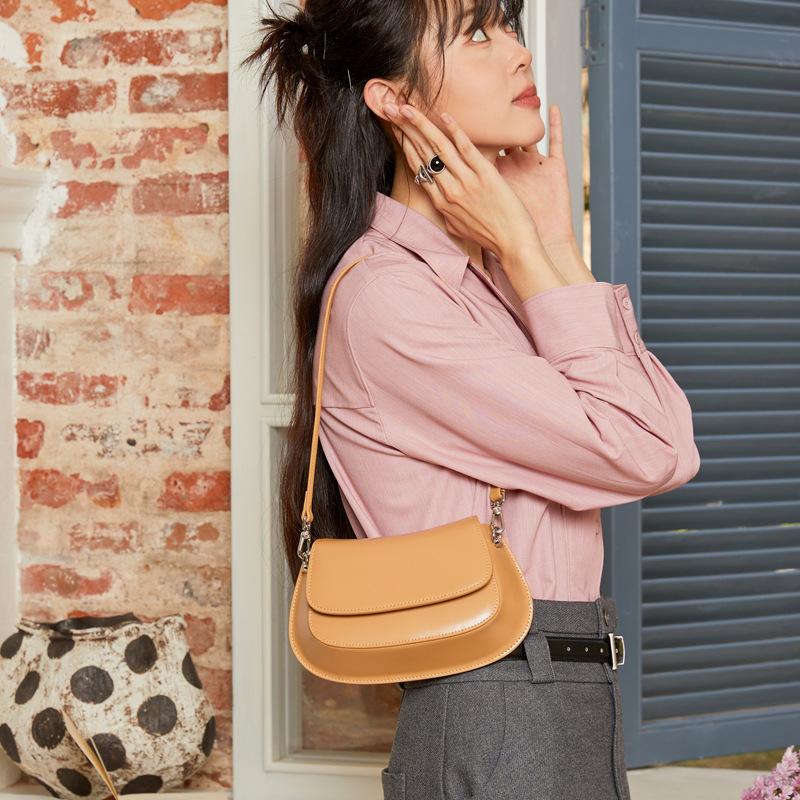 Simple Underarm Bag Women Split Cow Leather Saddle Bags Sewing Solid Color Female Messenger Shoulder Bag