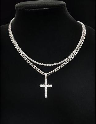 Set Catena Doppia + Croce, Unisex - Set Collana a Catena Cubana Stratificata da 3 mm Gioielli Minimalisti Regalo 20-24 Pollici Regalo