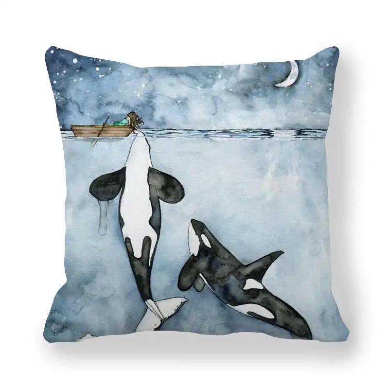 Watercolor Whale Polyester Throw Pillow Cover Sofa Bedside Cushion Pillowcase Ocean Blue Sea Fish Decorative Pillowcases 45X45Cm