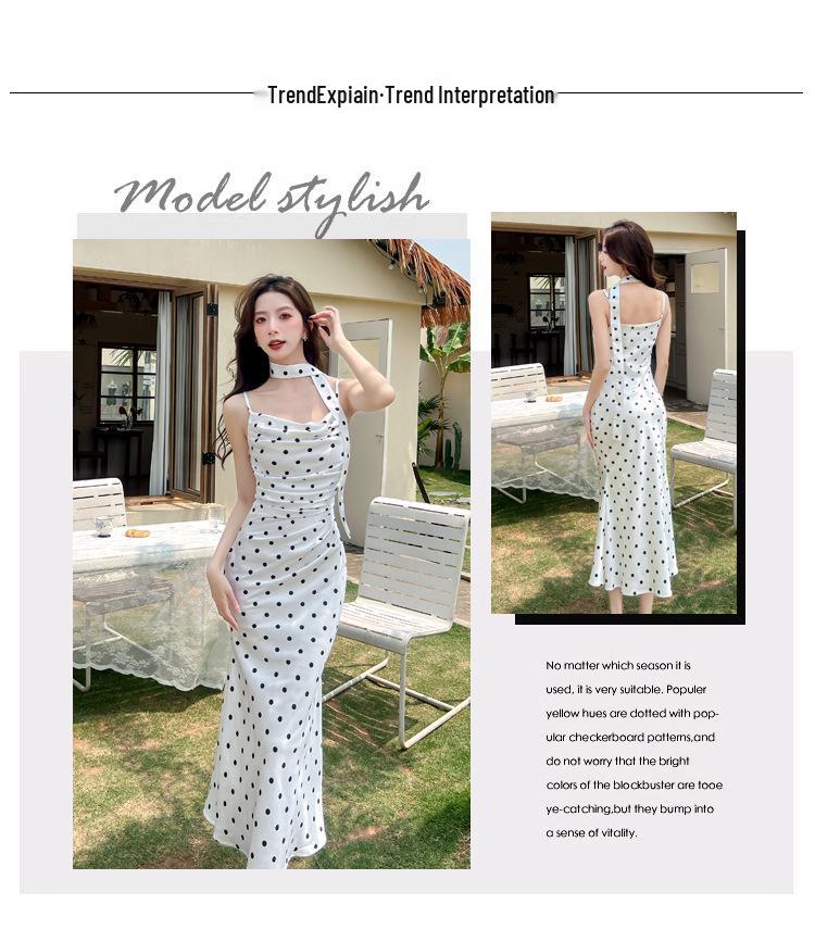 White Polka Dot Bodycon Spaghetti Strap Dress for Women - Summer French Style