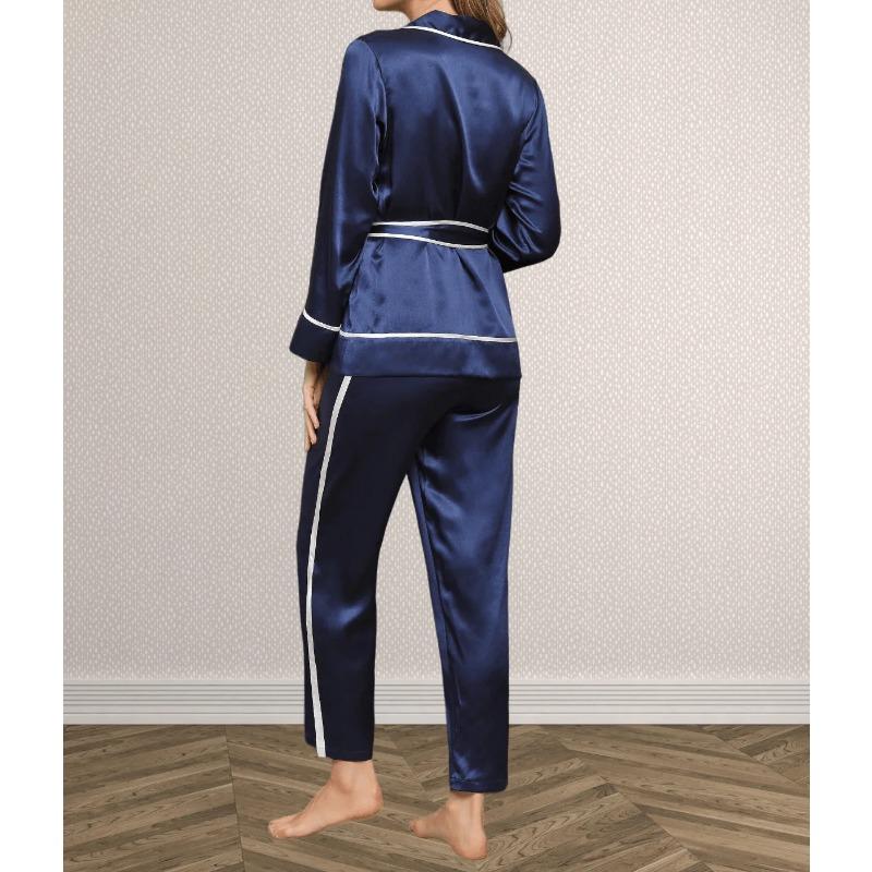 Mullbärssiden Dam Nattlinne Pyjamas Ficka Långärmad Dam Vardagsnattlinne Byxor 2 Delar Sidensbälte Dam Sovkläder