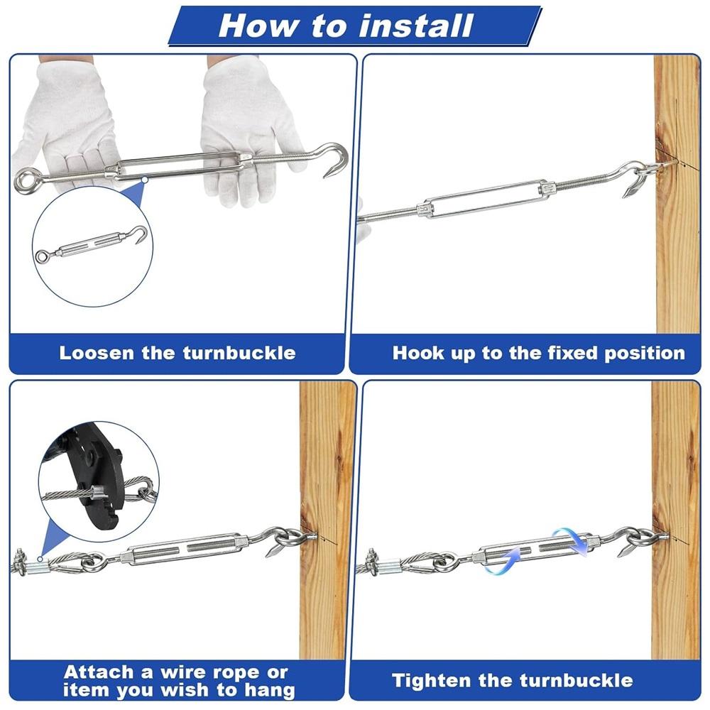 304 Stainless Steel Hook & Eye Turnbuckle 4 Pack, Adjustable Wire Rope Tensioner, Cable Tightener For Boat, Shade Sail, Tent Rigging Hardware
