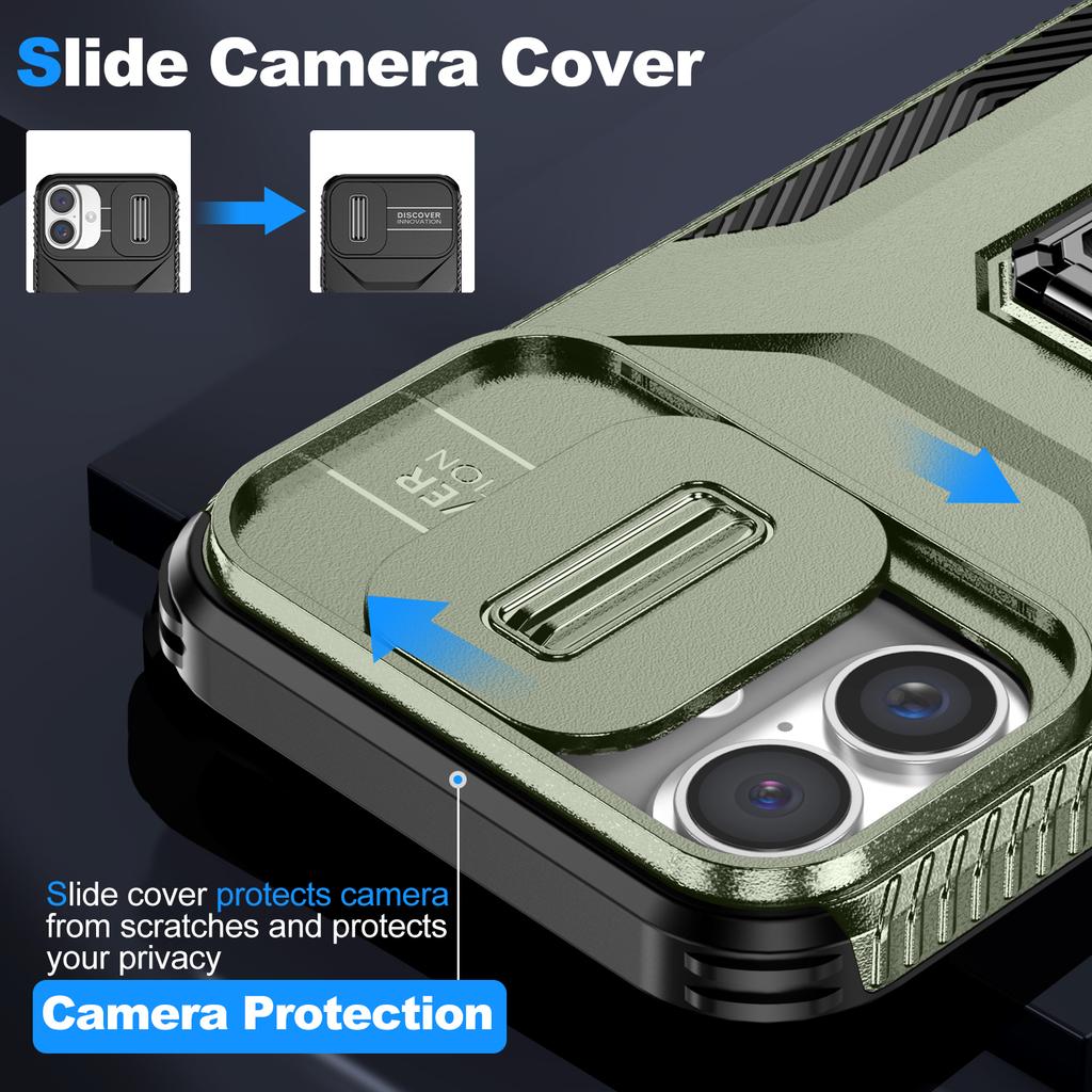 For iPhone 16 Case Camshield Kickstand TPU+PC Anti-Slip Phone Cover