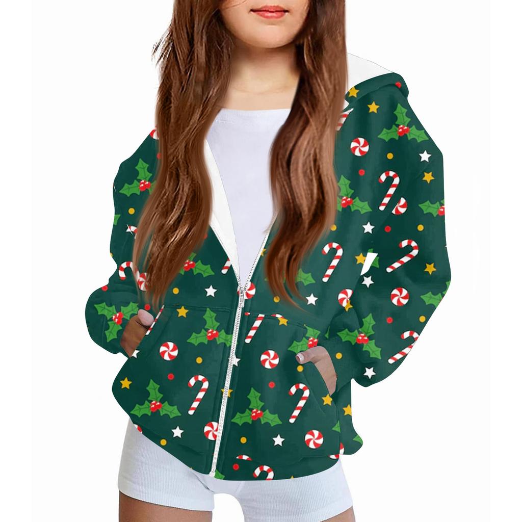 Children's Fashion Christmas Printed Long Sleeved Hooded Sweatshirt, Girls' Hoodie Jacket