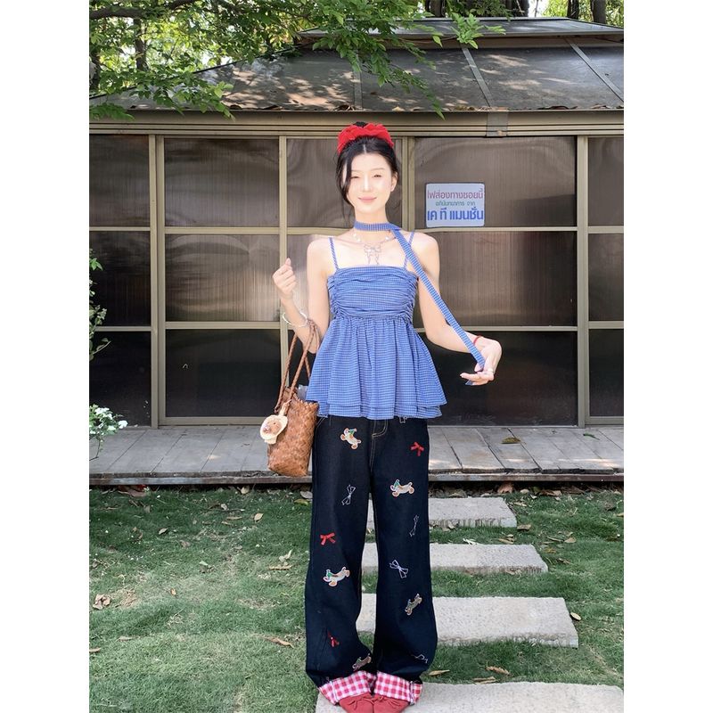 Kumikumi Sweet Gyaru Wind Plaid Pleat Cami Pack Women Summer Retro Age-Reducing Ribbon Sleeveless Top