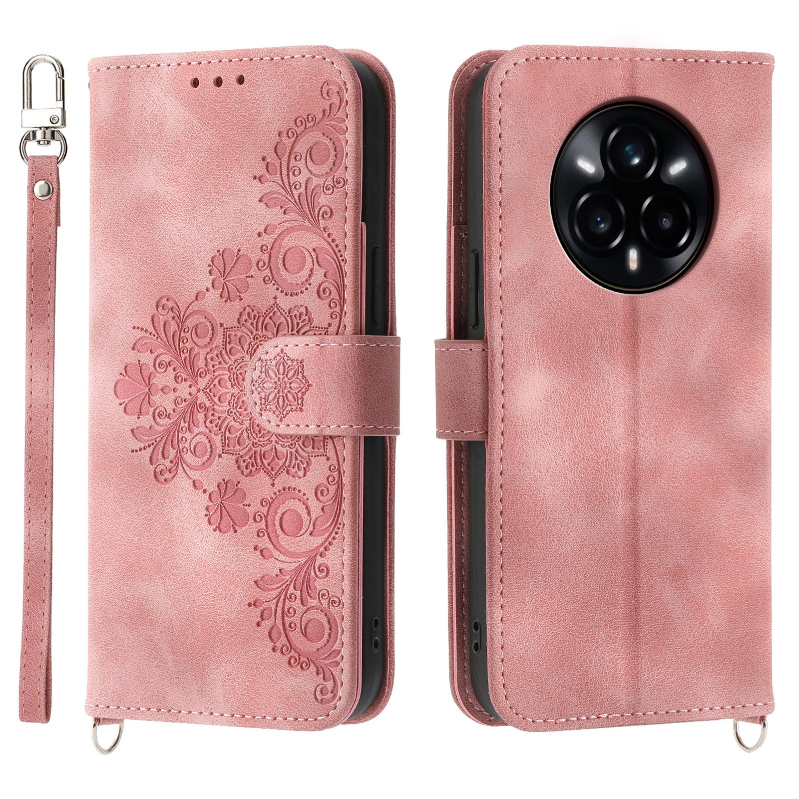 

For Realme 14 Pro+ 5G Case Flower Pattern PU Leather Wallet Phone Cover with Strap Pink