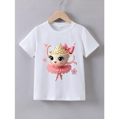 European Sizes Girls' Summer Short-Sleeve Cartoon 'Cappuccino Ballerina' Print T-Shirt