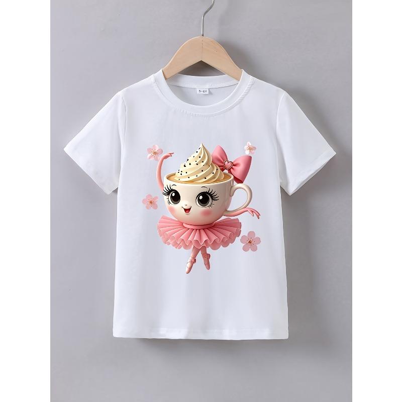 European sizes Girls Summer Short-Sleeve Cartoon Cappuccino Ballerina Print T-Shirt 110 белый