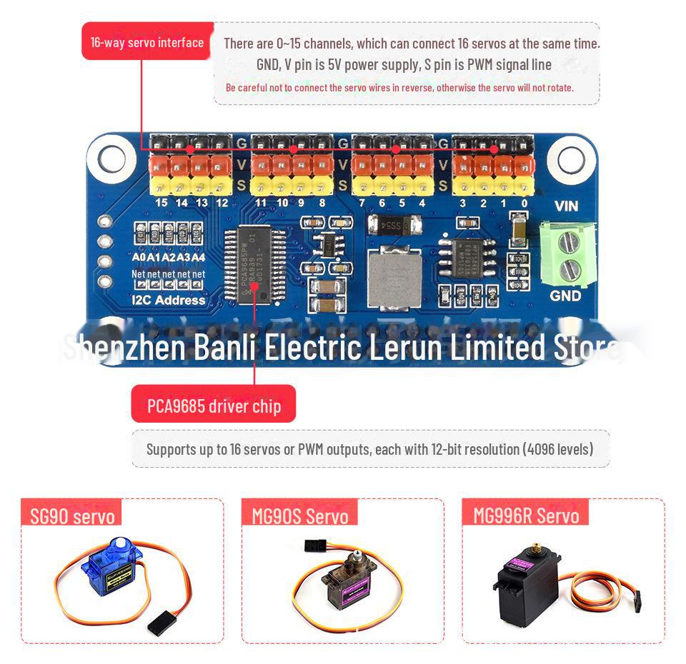 Placă de servomotor Raspberry Pi cu 16 canale, interfață I2C cu rezoluție de 12 biți, pin drept.