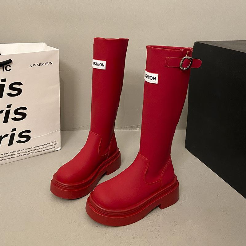 

Високі червоні чоботи на товстій підошві, нековзні, осінь-зима 2025, але до коліна, лицарські чоботи, універсальні модні чоботи жіночі 35 червоний