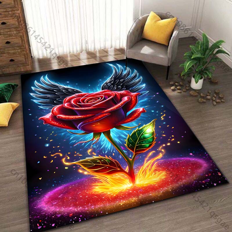 Roses and Angel Wings Printed Carpet for Living Room Bedroom Bedside Bathroom Floor Mat Area Rugged Sofa Mat Home Decor