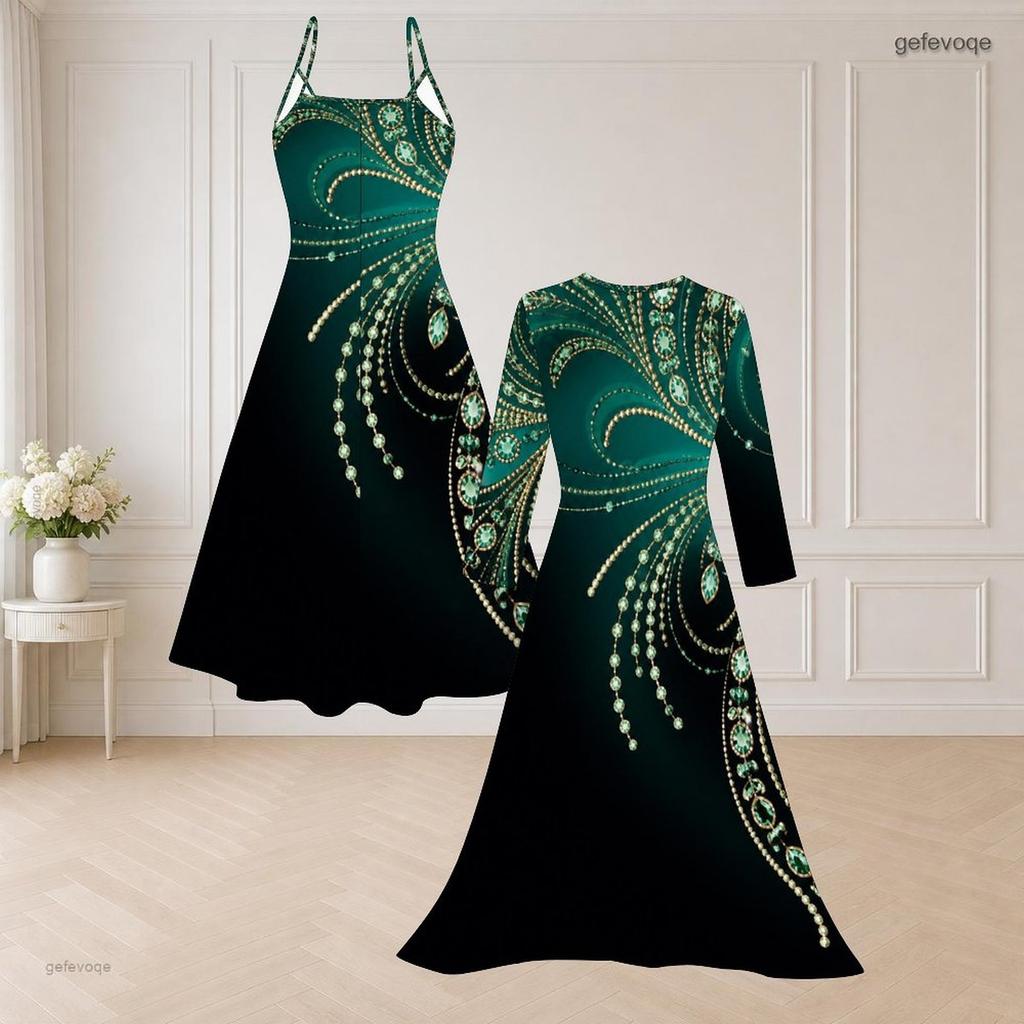 Women Plus Size Black Gold Printed Two Piece Set Long Sleeve Open Front Cardigan Strappy V Neck Flared Dress