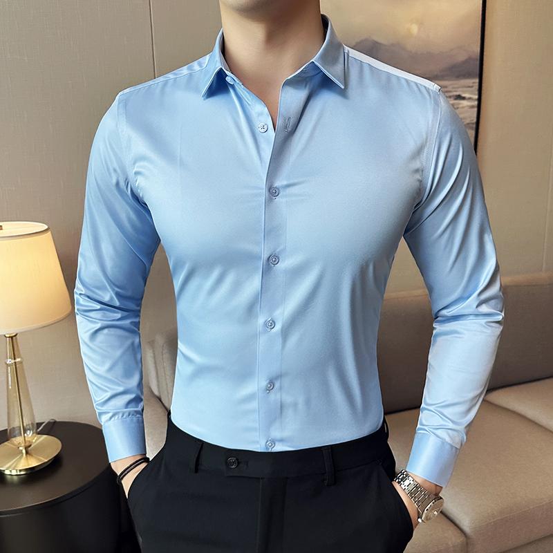 Black Men's Stretchy Wrinkle-Free Shirts, Blue Gray Red Green Asia Size M38-7XL46, White Plain Long Sleeve Office Dress Shirt.