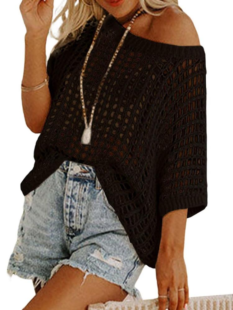 

Летний топ с рукавом пять четвертей, сексуальный, с вырезами, пуловер, пляжная накидка, свитер, вязаный свитер для женщин 3XL чёрный