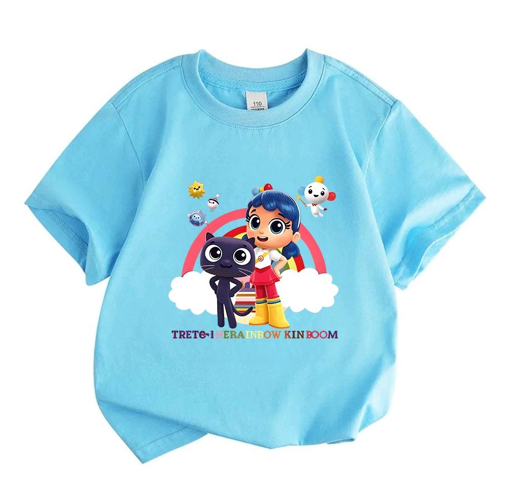 Cartoon Cute Blue Hair Girl Dark Cat Print Kids T Shirt, 100% Cotton Casual Short Sleeve Round Neck Tees for Boys Girls, Lightweight Soft Summer Tops