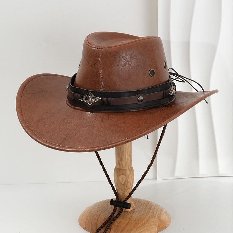 New Trendy Western Cowboy Hat Unisex Wide Brim Pu Leather Sun Caps Adjustable Outdoor Travel Hiking Camping Casual Men Women Hat One Size