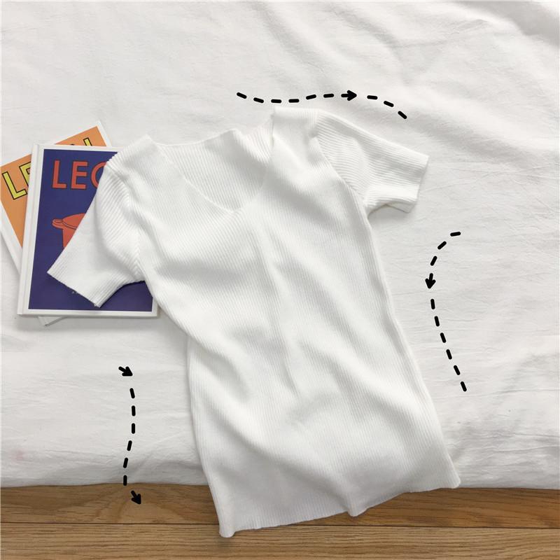 Sommer Slim Dünnes V-Ausschnitt Unterhemd Retro Kurzarm T-Shirt Hundert Gestrickte Pullover Tops Damen Linie Kleidung Lässige Slim Fit Pullover T-Shirts