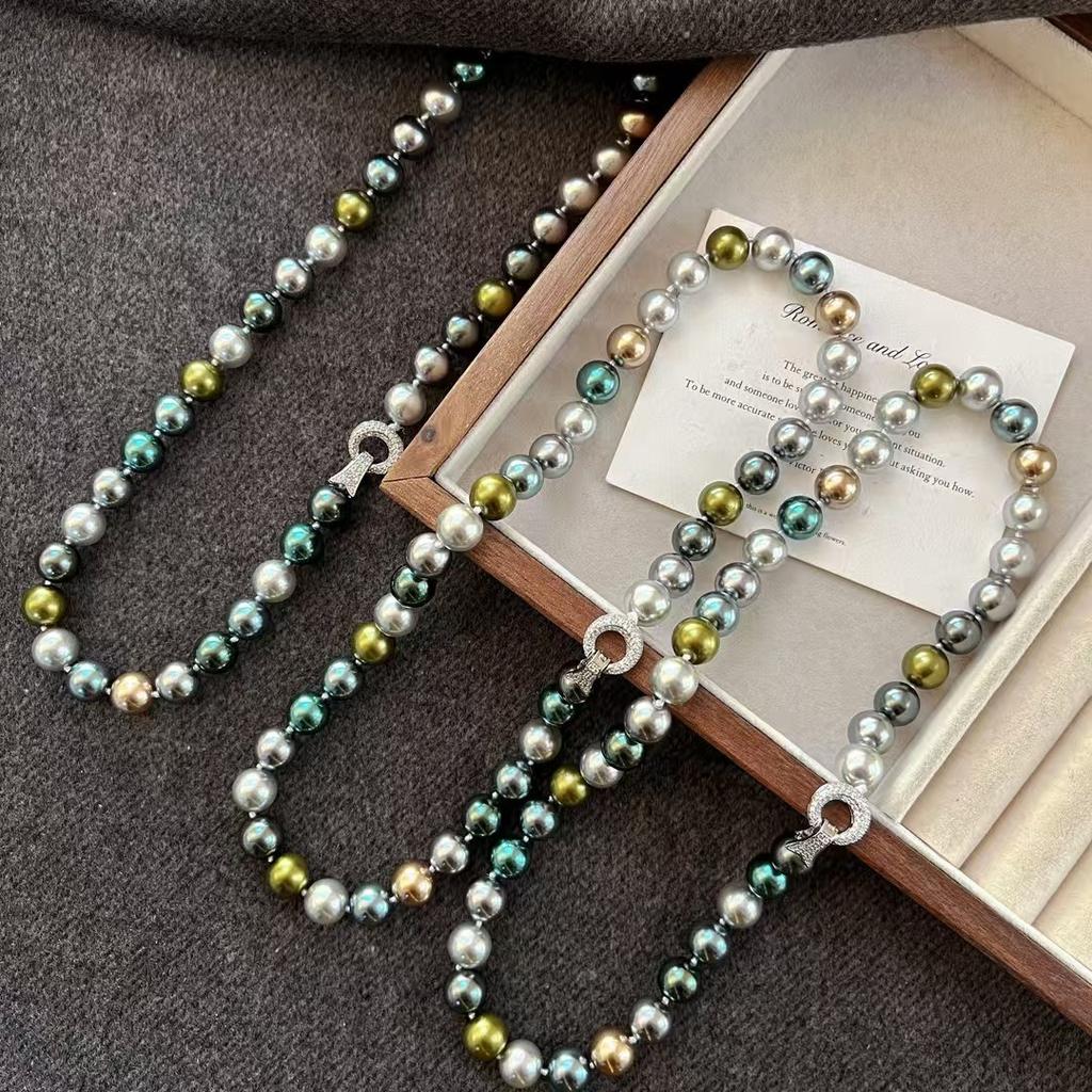 Vintage High-Quality High-Gloss Morandi Color Faux Crystal Tahitian Malachite Green Pearl Necklace Collarbone