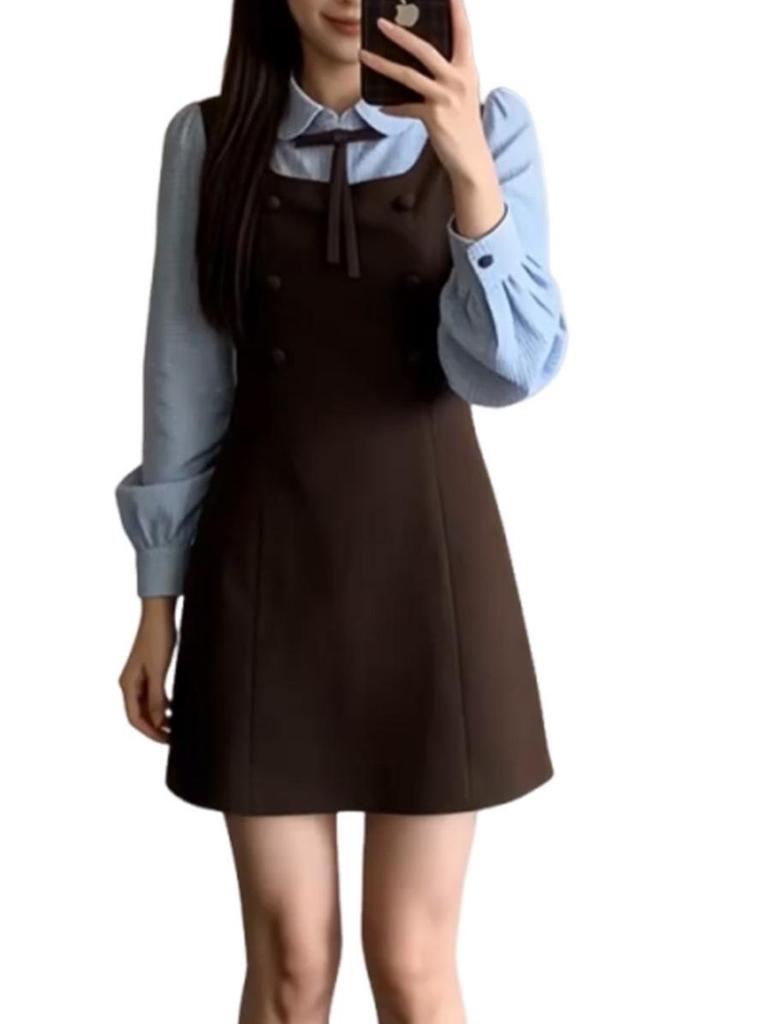 Women's Winter 2026 Korean Style Two-Piece Suspender Shirt Dress Set