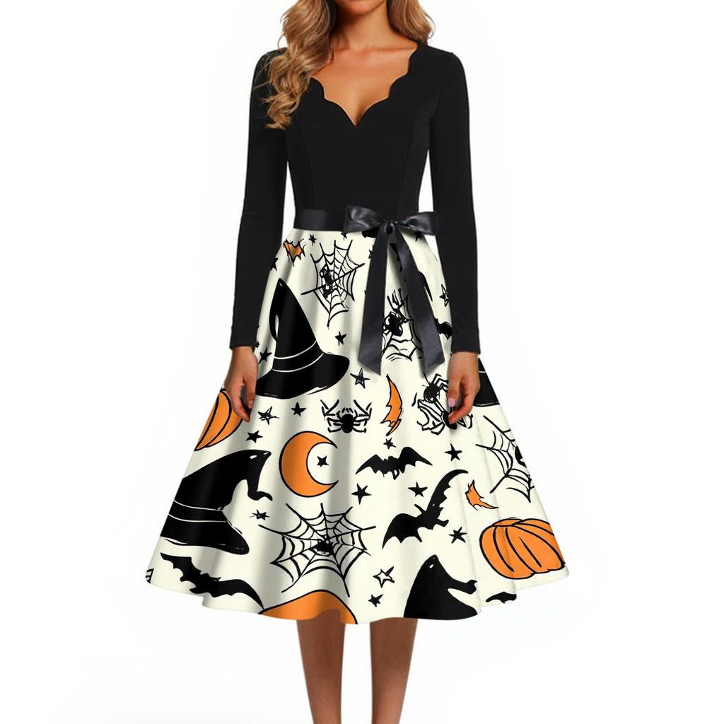 Womens Casual Halloween Print V Neck Vintage Dress Long Sleeve A Line Retro Style Midi Dress with Waist Tie