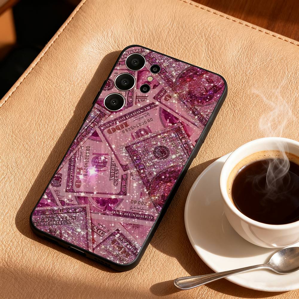 P-Pink D-Dollars Banknote Phone Case For Samsung S25,S24,S21,S22,S23,S30,Ultra,S20,FE,Lite,10,9,Black Cover