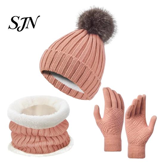 Soft Fleece Winter Gift Set Hat Neck Warmer Gloves Set, Knitted Beanies with Pompom, Touch Screen Gloves, Lined Knit for Men Women Cold Weather