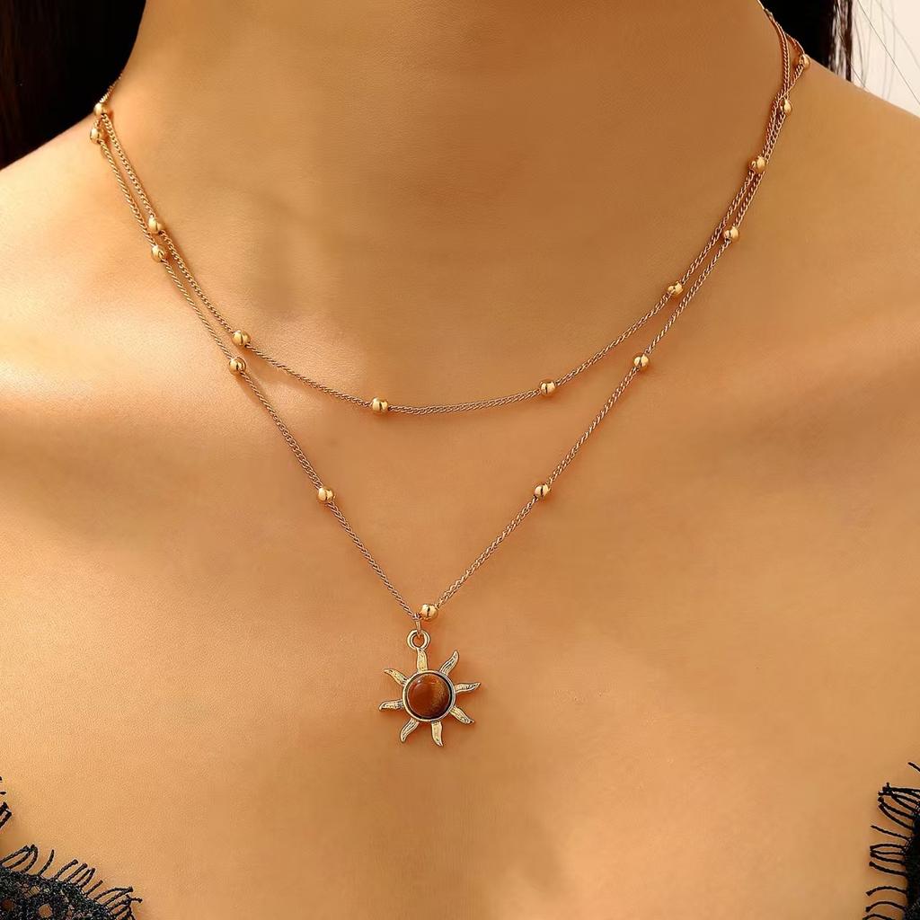 2pcs Set Retro Temperament Tiger's Eye Stone Gold Color Sun Flower Pendant Double Layer Necklace for Women Trendy Jewelry Sets