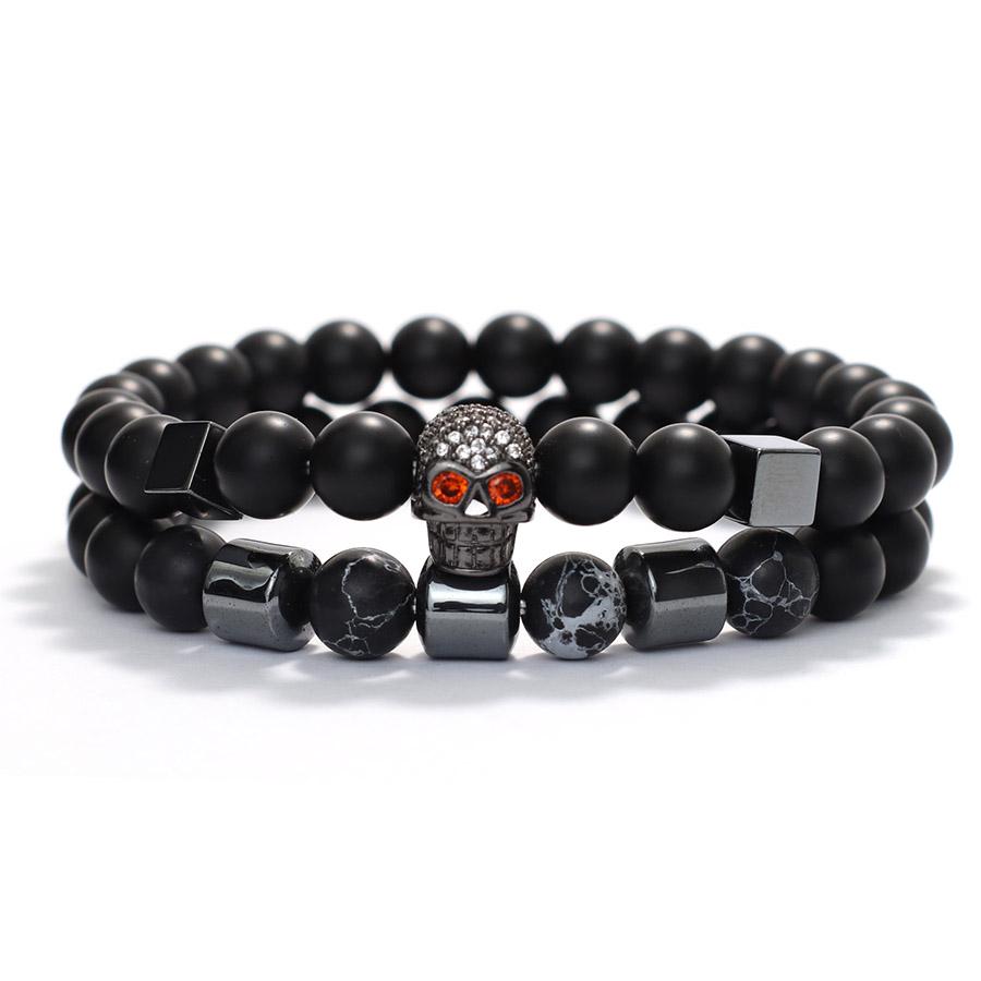 2Pcs Men Skull Bracelet Set Natural Hematite Turquoise Onyx Beaded Braclet Hip Hop Rock Riding Male Wrist Guard Accessories