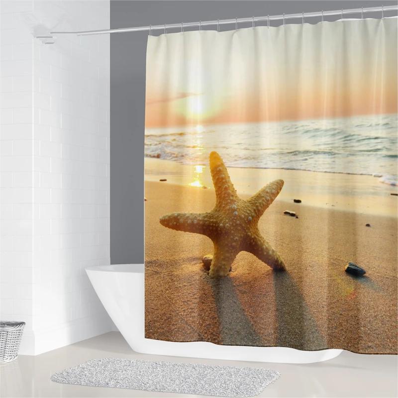 Starfish Beach Shower Curtains 3D Seashell Ocean Theme Waterproof Polyester Fabric Bathroom Decor with Hooks Bathtub Curtains