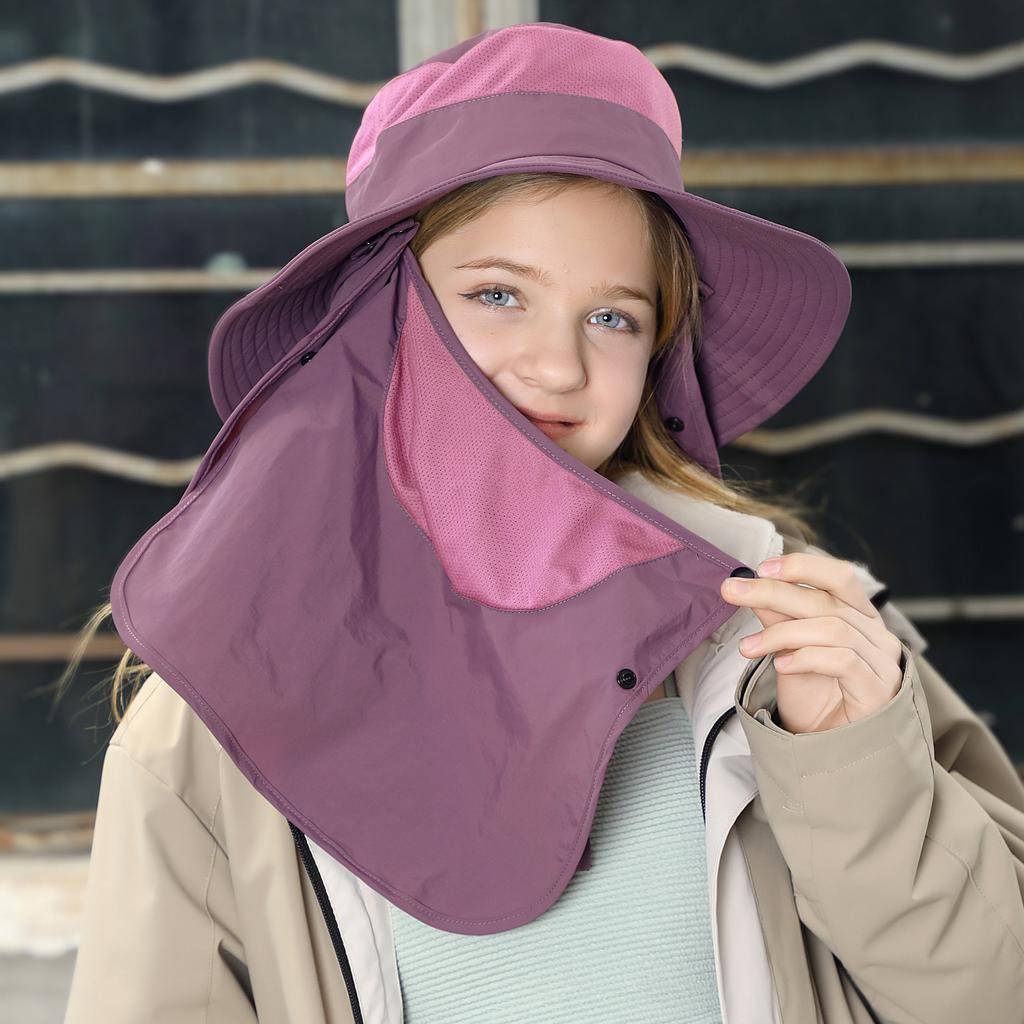 Full cover face sunscreen mask outdoor UV protection bucket hat summer breathable big brim shawl sun hat