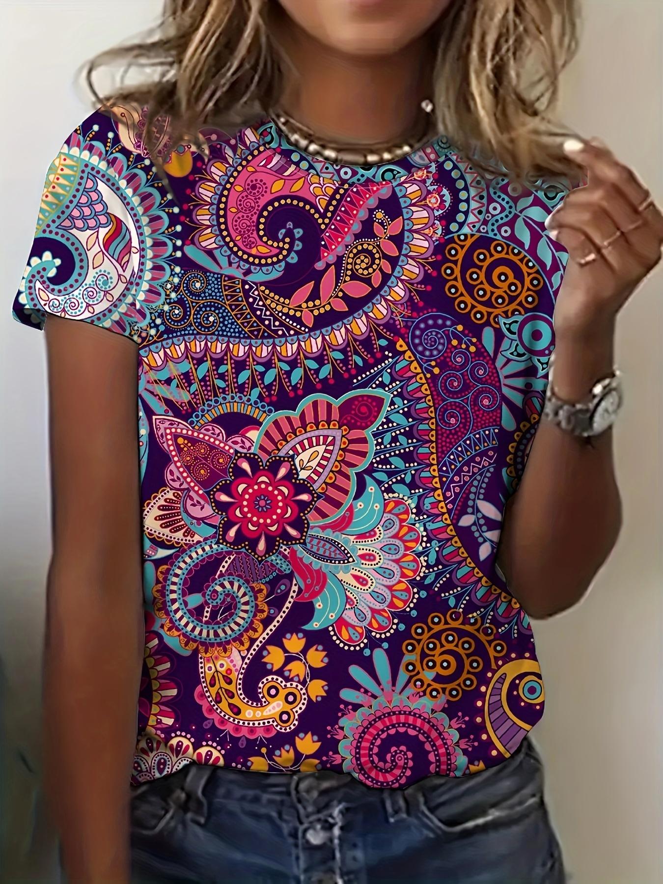 

Vibrant Paisley Women s Tee - Colorful Ornate Pattern Graphic, Boho Ethnic Print Design for Casual Daily Wear XL