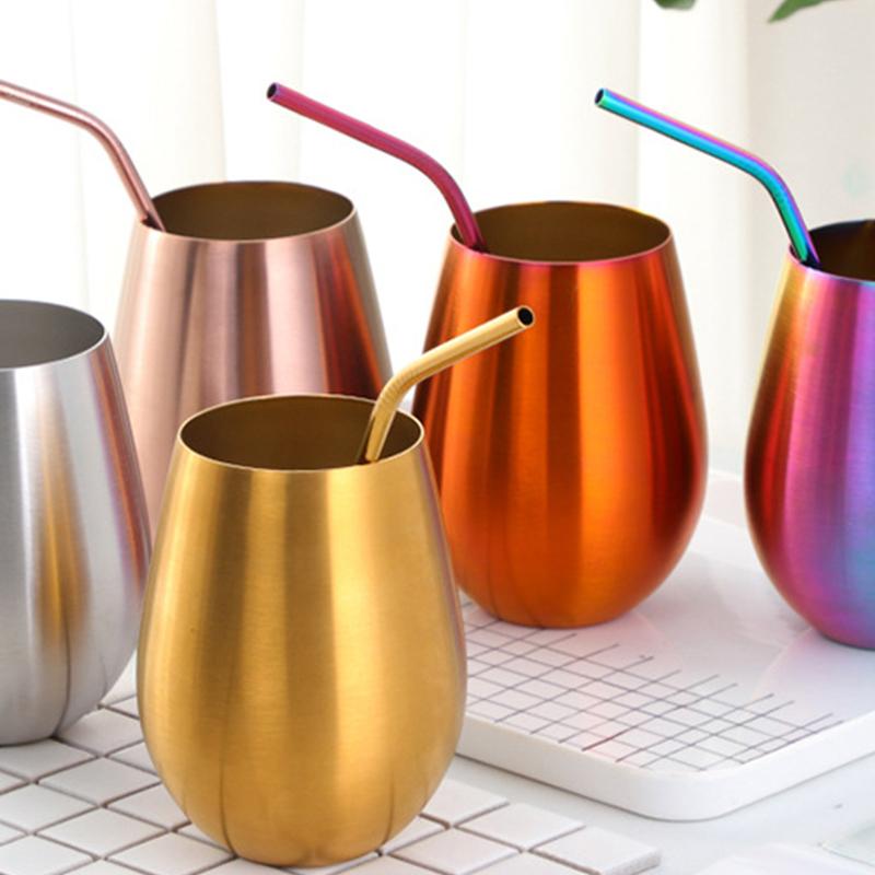 New Stainless Steel Wine Cup With Straw Single Layer Metal Drinking Mug Multifunction 500Ml Big Belly Cup Outdoor Drinkware