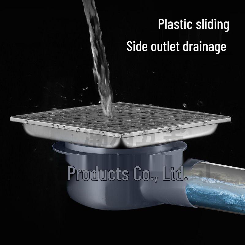 304 Stainless Steel European-Style Large Capacity Square Floor Drain with Sliding Side Drain.