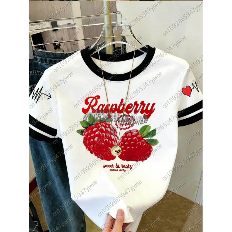 Womens Short Sleeve Color-Block Fresh Raspberry Print Y2k T Shirt Girl Round Neck Tee Outdoor Sports Adult Women's T-Shirt