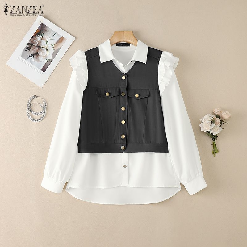 ZANZEA Blouse Patchwork Ample Décontractée à Manches Longues pour Femmes