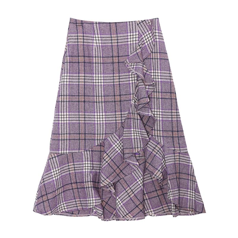 

European and American Single Sheep Woolen Skirt Ruffles Plaid Tartan Skirt High Waist Fishtail Dress Work Clothing Skirt Female Winter Mysterious Purple L