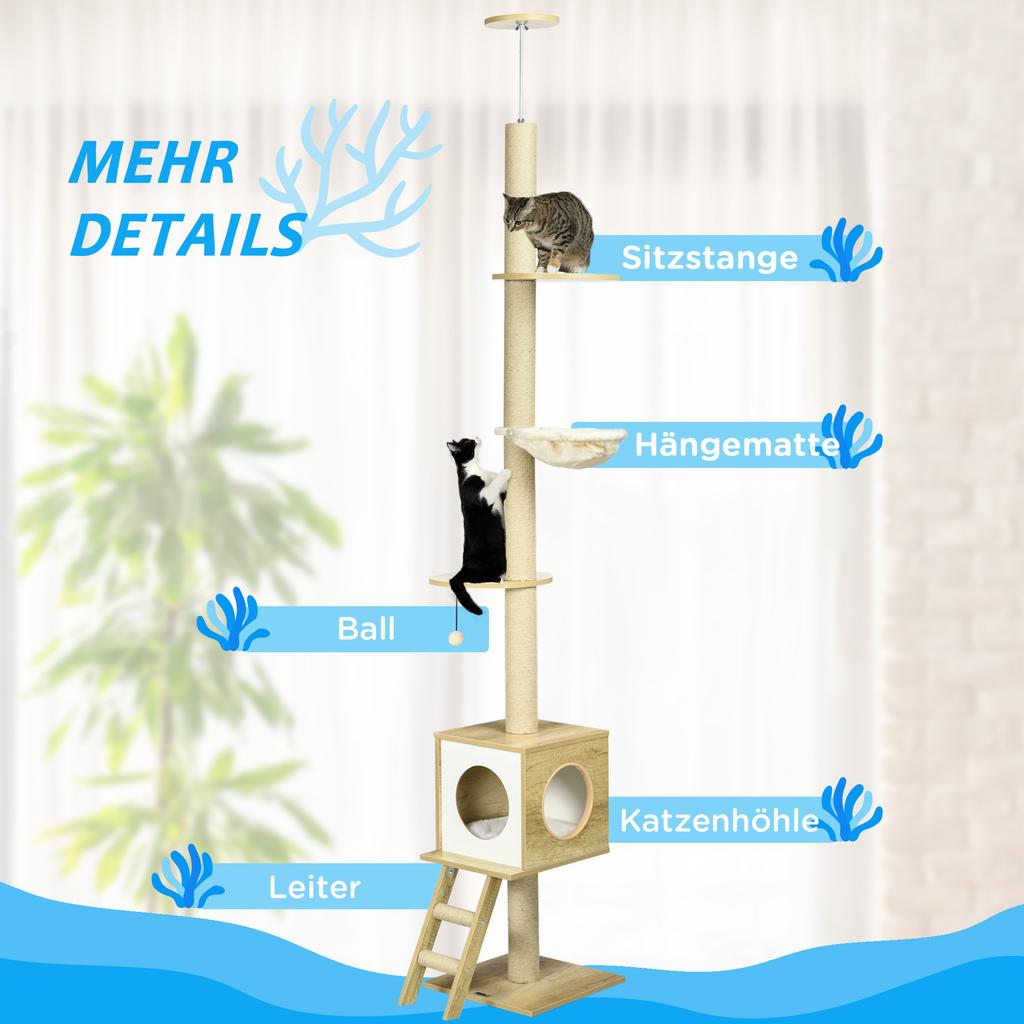 Ceiling High Cat Tree Cat House With Two Platforms Hammock Anti Tip Protection Light Brown And Beige 40 X 40 X 260 Cm