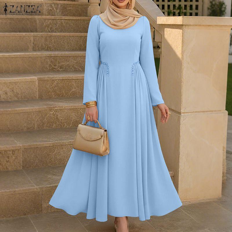 ZANZEA Women Muslim Casual Round Neck Long Sleeve Loose Long Dress