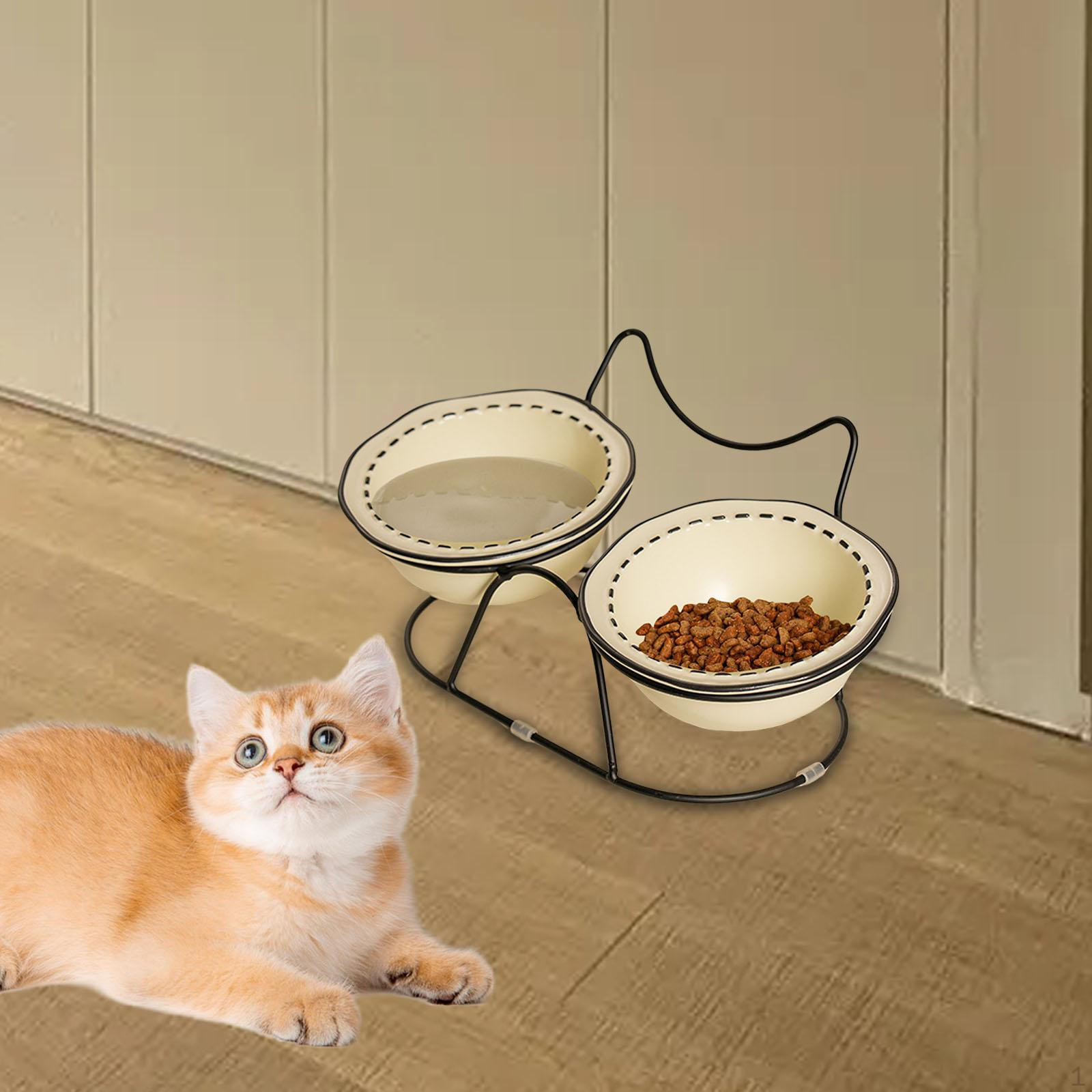 

Ceramic Pet Bowl Cat Dish Feeder AntiSlip Protect Pets Neck Raised Food and Water бежевий