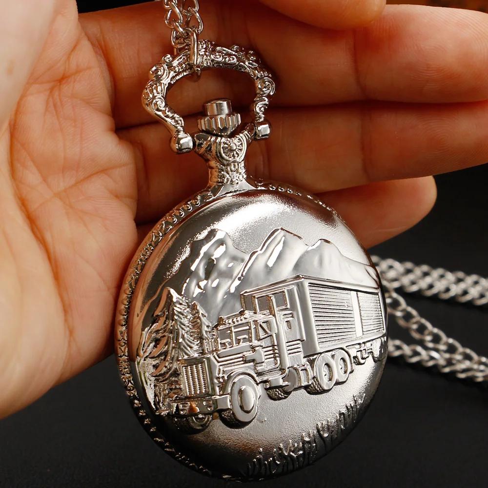 10pcs/Lot Wholesale Vintage Silver Pocket Watch with Truck Pattern Necklace Clock Gift for Men Women Drivers Reloj De Bolsillo