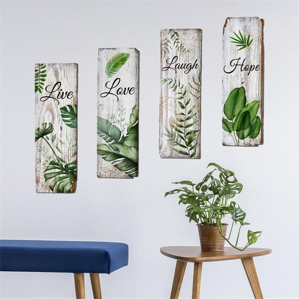 WOHAHA Wall Stickers, Stylish Plant Leaf, Green Wisteria Leaf, Nordic Wallpaper Sticker, English Text, Faux White Wood Grain, Peelable, Stylish Wall
