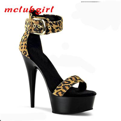 Leopard Leather Sandals Thin Heels  Super High Heels  Wear Summer Net Red Sexy Strap 15cm Heel 5cm Platform YKC