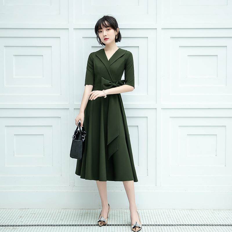 

Navy blue dress long dress spring new temperament Korean version medium sleeve suit collar evening dress looks thin XXXL армія зелений колір