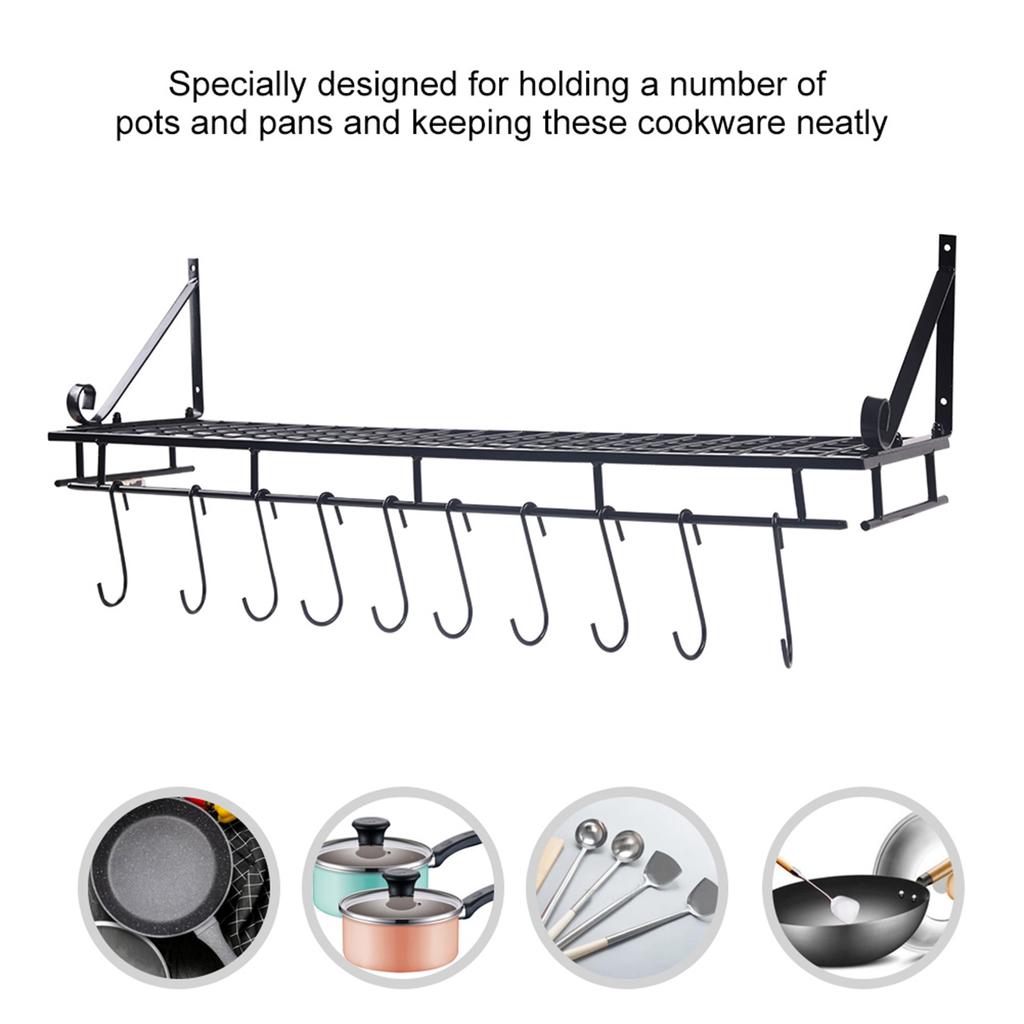 Metal Hanging Pan Pot Rack Wall Mounted with 10 Hook Holders Kitchen Storage Organizer
